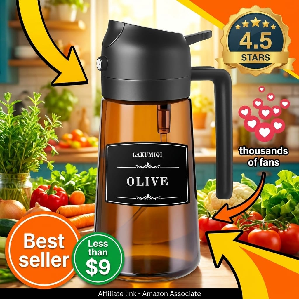 LAKUMIQI 2-in-1 Olive Oil Sprayer for Air Fryer – 16oz Glass Oil Dispenser & Cooking Oil Mister – Spray & Pour Bottle, Non-Aerosol, Leak-Resistant, for Salad, BBQ, Kitchen
