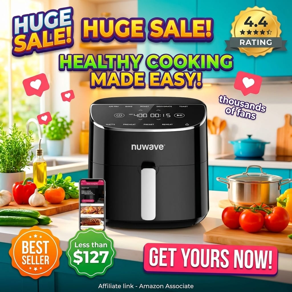 Nuwave Brio Plus Air Fryer 8 Qt, New & Improved, PFAS-FREE, 7 Digital One-Touch Cook Functions that AIR FRY, BAKE, ROAST, DEHYDRATE, TOAST, REHEAT, PREHEAT, 150 Presets, 50°F~400°F (Black)