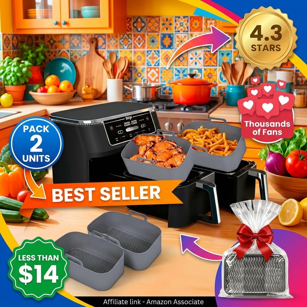 Silicone Air Fryer Liners for Ninja - Reusable DZ201 8QT Dual Basket - Rectangular 2-Pack Vacuum-Packed Easy-Clean Dishwasher-Safe Food-Safe for Home Chefs - Housewarming Gifts