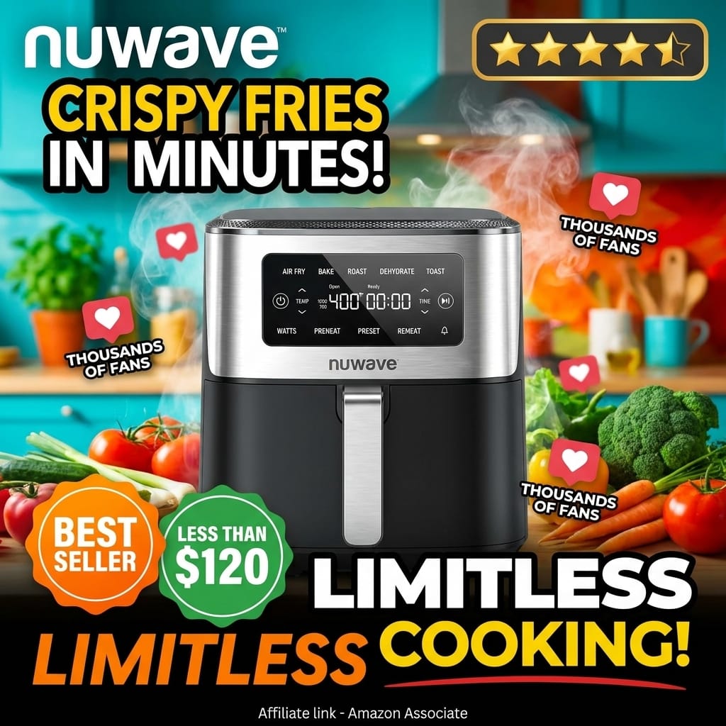 Nuwave Brio Plus 6-in-1 Air Fryer, 7-Qt Large Capacity, 50°F–400°F Precise Temp Control, Non-Toxic PFAS-Free Nonstick, Air Fry, Bake, Roast, Toast, Dehydrate, Reheat, 100 Presets, Dishwasher Safe