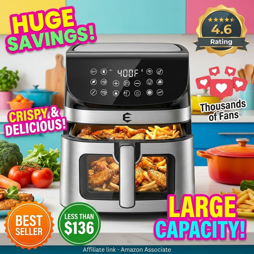 9.5Qt Large Air Fryer Oven, 12 Digital Preset Airfryer Toaster Oven Combo with Touchscreen, Non Toxic Stainless Steel Air Fryer with Viewing Window, XL Capacity Basket Style Airfryer for Family, Black
