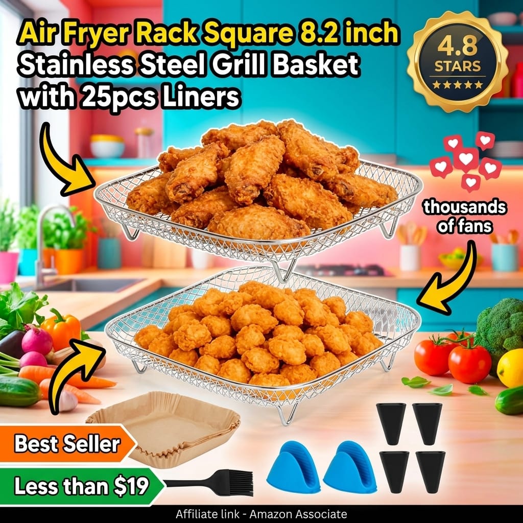 Air Fryer Rack Square,8.2 inch Stainless Steel Air Fryer Grill Basket with 25pcs Liners Stackable,6-8 QT Air Fryers Accessories for Cosori, Instant Vortex 6QT XL, Ninja Pro XL 6.5 QT