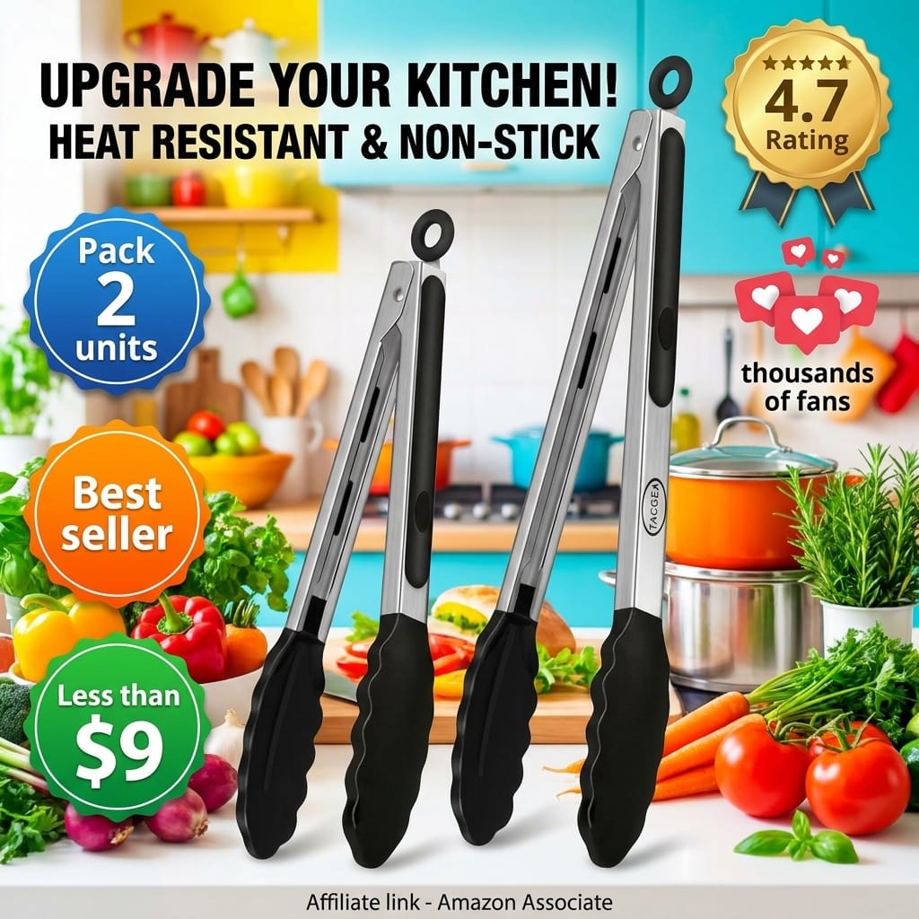 TACGEA Stainless Steel Kitchen Tongs with Silicone Tips, Locking Grilling Food Tongs, 9" and 12", Set of 2 Black
