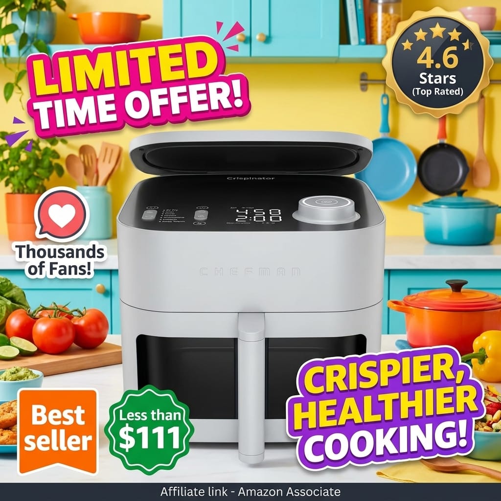 Chefman Crispinator Air Fryer 7-in-1 with 8 Qt Capacity, 450°F Max Temp & TurboFry Pro Technology for Fast, Even Results, Bake, Broil, Dehydrate, Viewing Window, Nonstick Ceramic-Coated Basket