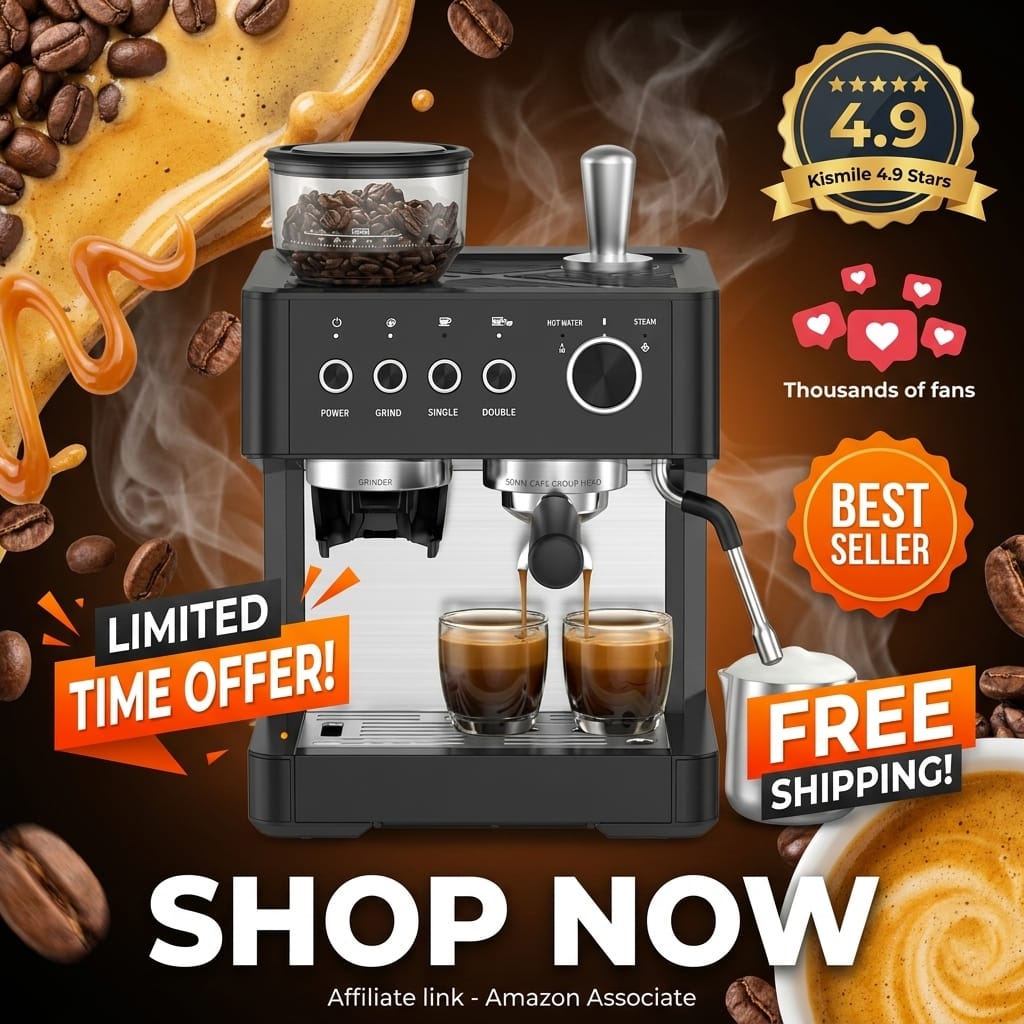 Kismile Espresso Machine with Grinder - 20 Bar, 30 Settings