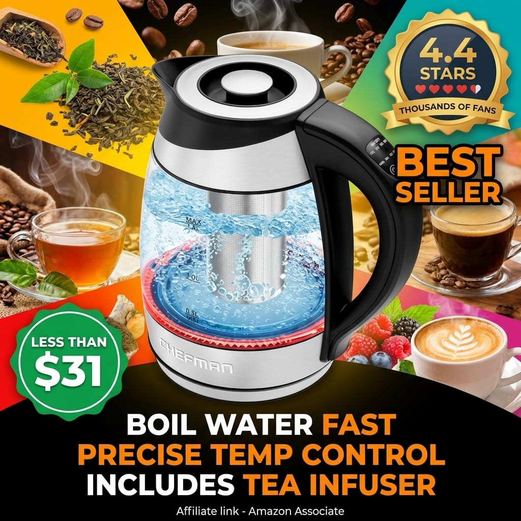 Chefman Electric Kettle with Temperature Control, 5 Presets LED Indicator Lights, Removable Tea Infuser, Glass Tea Kettle & Hot Water Boiler, 360° Swivel Base, BPA Free, Stainless Steel, 1.8 Liters