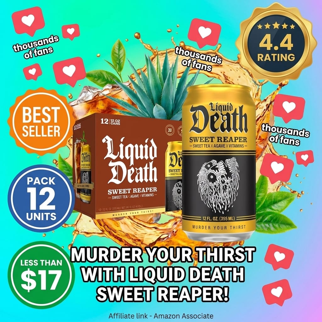Liquid Death Iced Tea - Sweet Reaper (Black Sweet Tea), Less Sugar*, Boost of Caffeine, B Vitamins, No Artificial Sweeteners, 12 Fl Oz (Pack of 12)