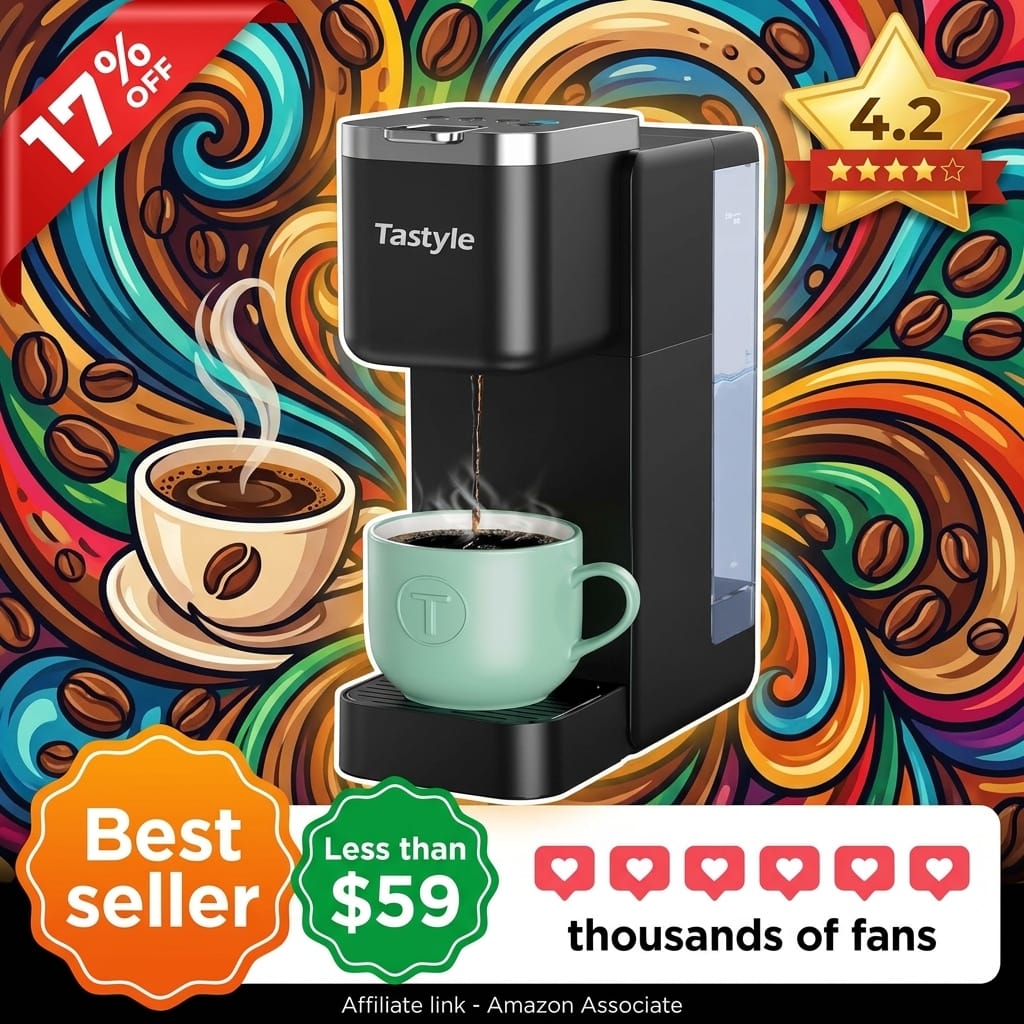 Tastyle Single Serve Coffee Maker, Iced and Hot Coffee Machine for K Cup & Grounds, Compact Design, 40oz Removable Water Reservoir, 6 to 24 Oz Brew Sizes, Fits 7.3" Travel Mug, Black