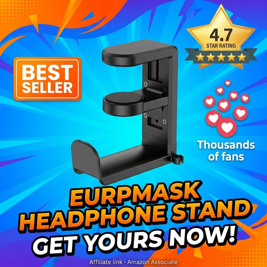 EURPMASK Rotating Headphone Stand - PC Gaming Headset Holder, Adjustable Clamp-on Under Desk Hanger With 360 Degree Swivel & Cable Clip Organizer - Black