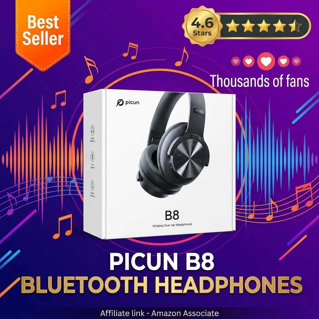 Picun B8 Bluetooth Headphones, 120H Playtime Headphone Wireless Bluetooth with 3 EQ Modes, Low Latency, Hands-Free Calls, Over Ear Headphones for Travel Home Office Cellphone PC Black