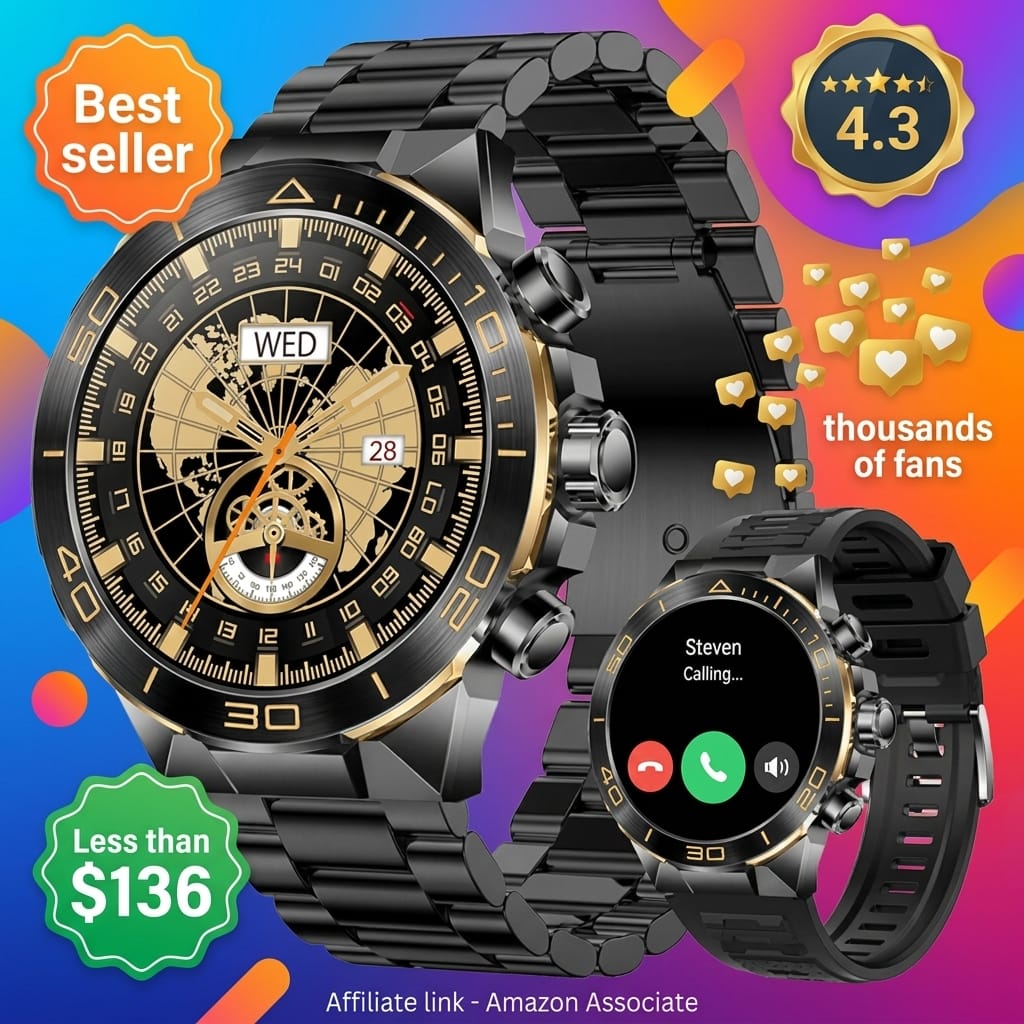 Smart Watch for Men Answer/Make Call for Android iPhone, 1.43" AMOLED HD Screen Mens Luxury Watch, 400mAh Heavy Duty Smartwatch Heart Rate Blood Oxygen Blood Pressure Sleep Monitor Pedometer, 2 Straps