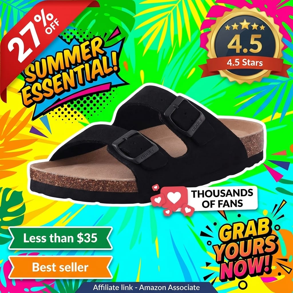 ODOLY Unisex Cork Footbed Slide Sandal, Arch Support Summer Outdoor Sandals with Adjustable Buckle for Women and Men