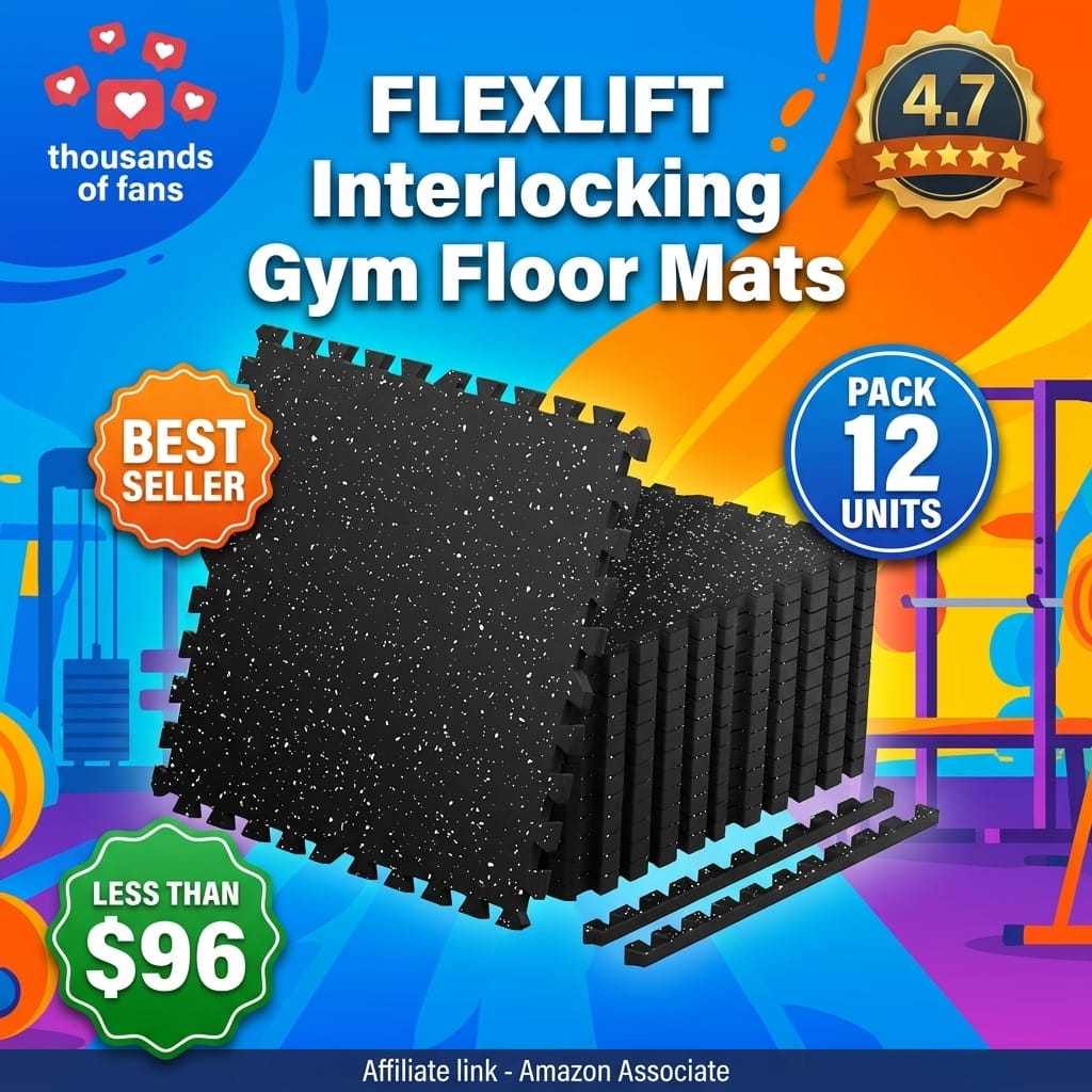 FLEXLIFT 0.56'' Thick 12 Pcs 48 Sq Ft Non-Slip Rubber Top Exercise Equipment Mats, High Density EVA Foam Mats with Rubber Top, Interlocking Puzzle Gym Flooring for Home Gym, Workout Floor Mats, Black