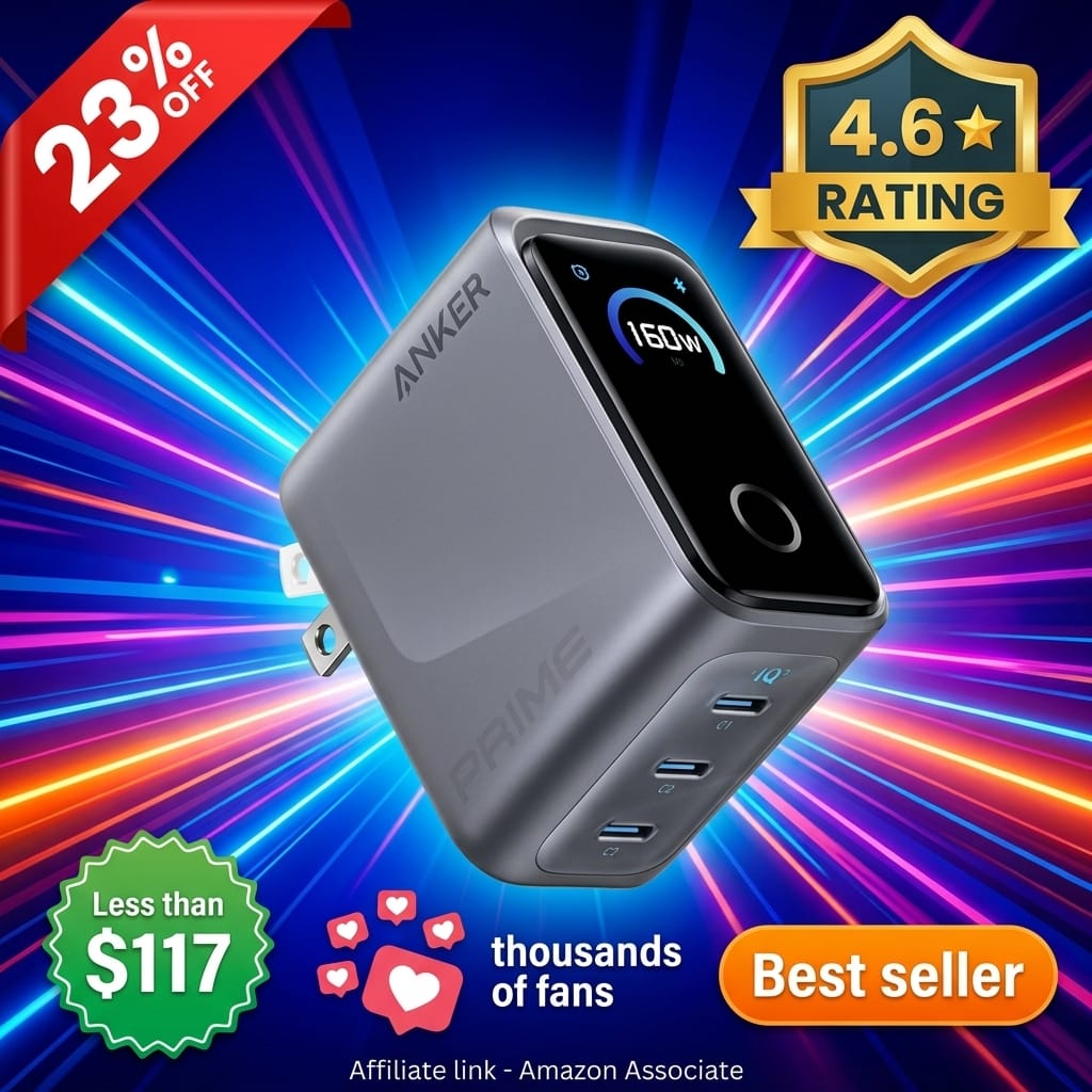 Anker Prime Charger,160W 3-Port Compact GaN USB C Charger,Smart Display and Touch Control,Up to 140W Single-Port Fast Charging,for MacBook Pro,Laptop,iPhone 17 Series(Cable Not Included,Non-Battery)