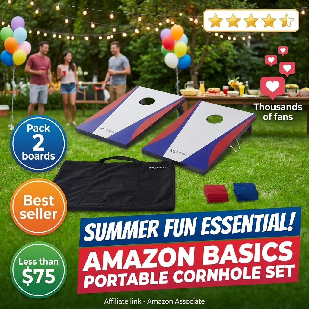 Amazon Basics Portable Cornhole Set, Outdoor Game Bean Bag Toss with Carrying Case, Blue/Red