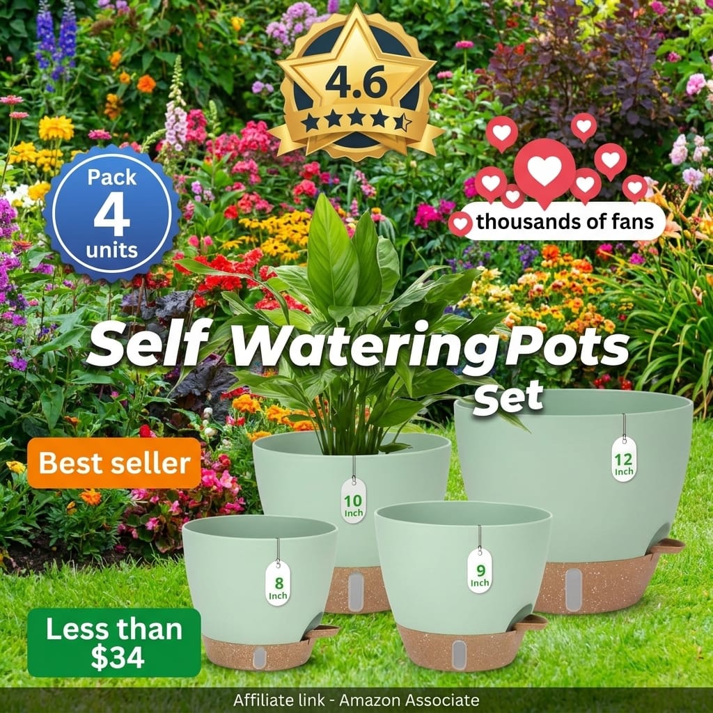12" 10" 9" 8" Self Watering Pots with Water Level Indicator, Large Plastic Planters Set with Mesh Drainage Hole and Removable Saucer Reservoir, Big Flower Pot for Indoor Outdoor Plants (Green)