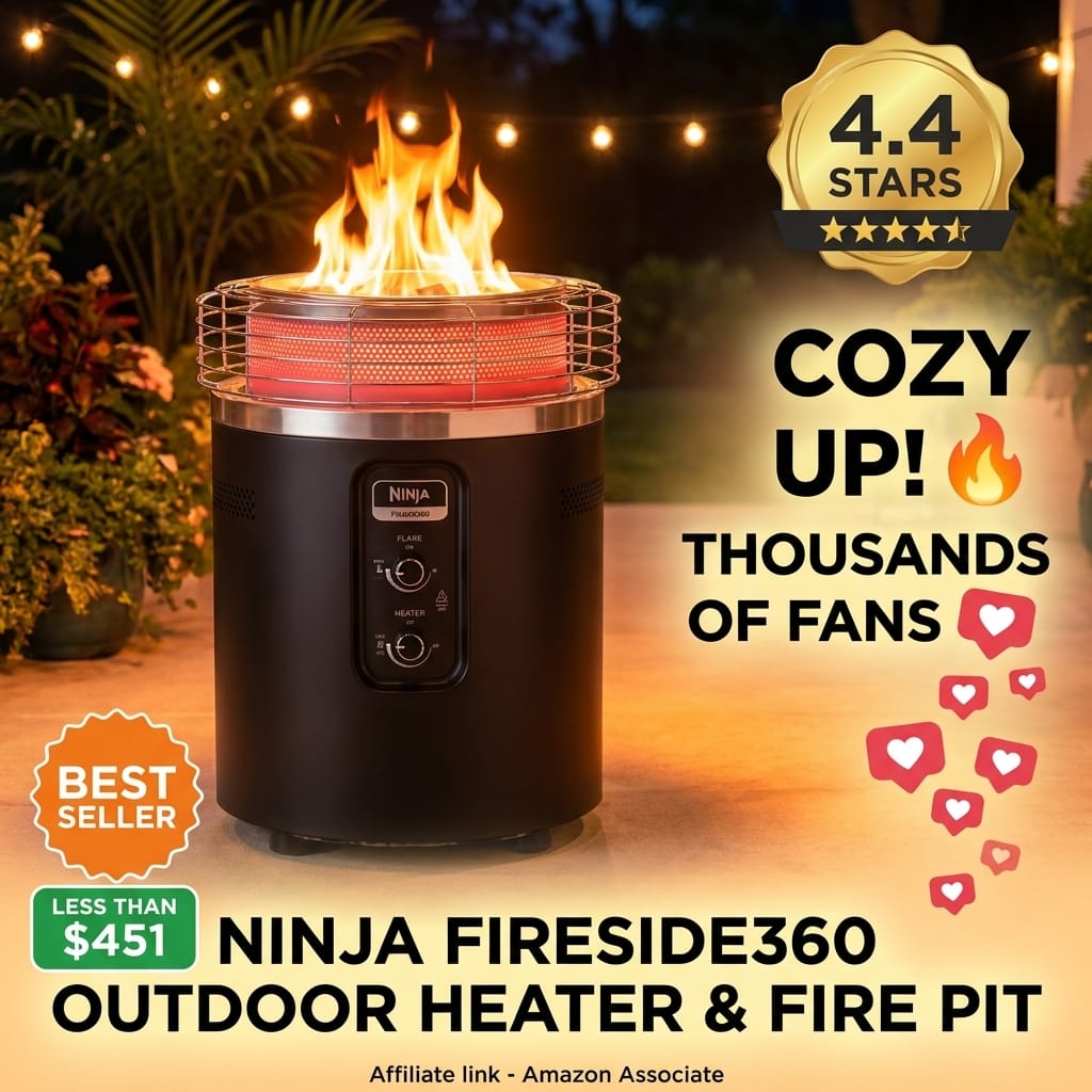 Ninja Fireside360™ Outdoor Heater & Fire Pit | 3 Modes: Flame, Heat, Flame & Heat | Portable for Patio, Deck, Camping, Beach | Easy Control Smokeless Flames | Push to Start Ignition | Black | OF101BK