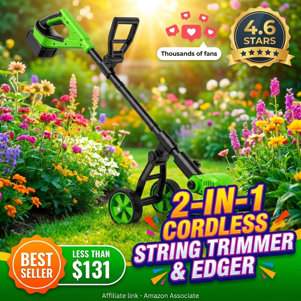 2 in 1 Cordless String Trimmer & Edger, 21V Battery Powered Weed Wacker with Wheels, 2 x 3.0Ah Batteries & 8 Spools, 14" Electric Weed Trimmer, Grass Trimmer for Garden, Lawn and Yard Care