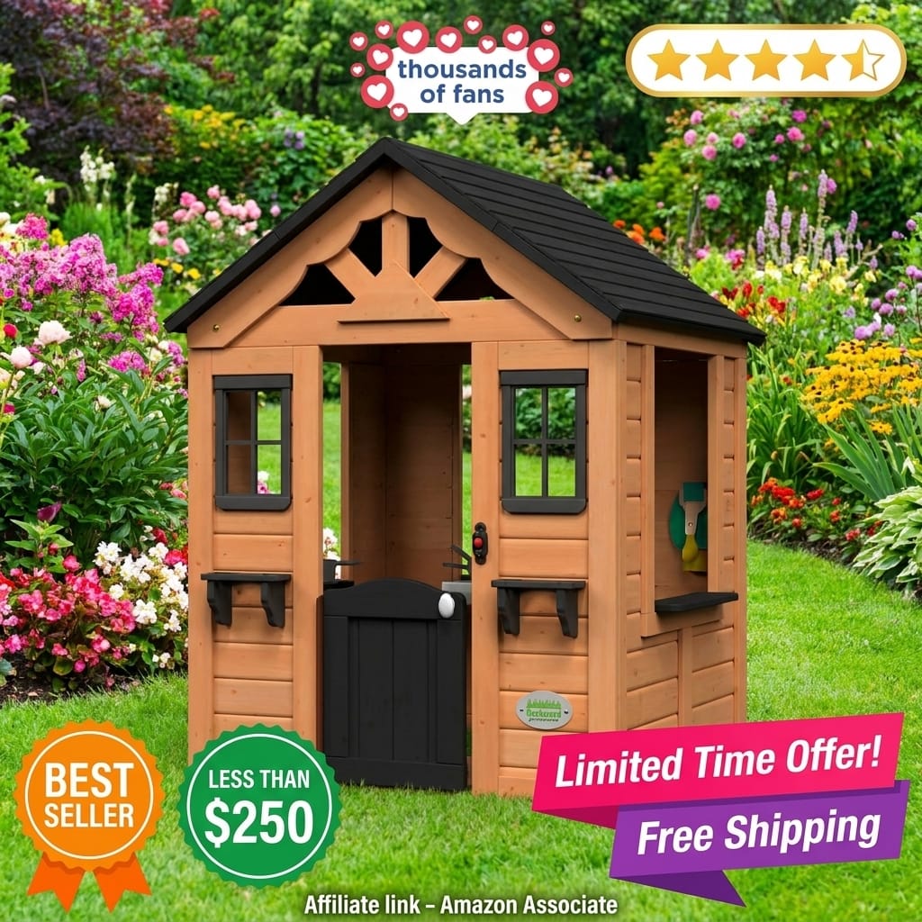 Backyard Discovery Sweetwater Cedar Wooden Kids Playhouse Cottage with Play Kitchen, Snack Bar, Half Door, Toy Phone, Windows, Flowerpot Holders, and Working Doorbell for Outdoor Imaginative Play