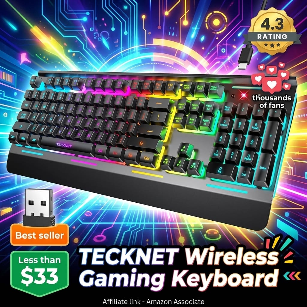 TECKNET Wireless Gaming Keyboard, 2-in-1 (2.4G Wireless & Wired) Computer Keyboard, 15-Zone RGB Keyboard, 4000mAh Rechargeable Battery, Metal Panel, PC Gaming Keyboards (Whisper Quiet Gaming Switch)