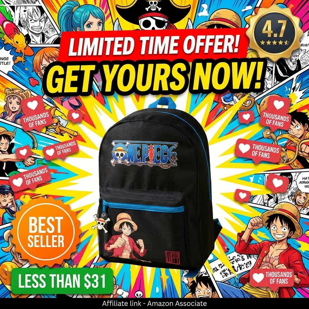 One Piece Luffy Boys Backpack | Black Rucksack with Adjustable Straps | Practical & Organised Luggage Sports School Bag | Anime Game Series Movie Merchandise Gifts for Kids & Teens