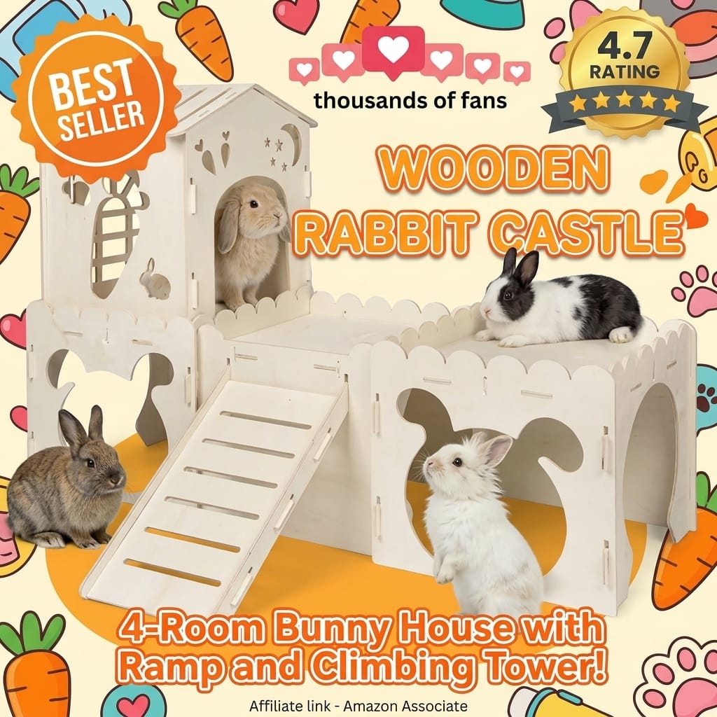 Wooden Rabbit Castle - 4-Room Bunny House with Ramp