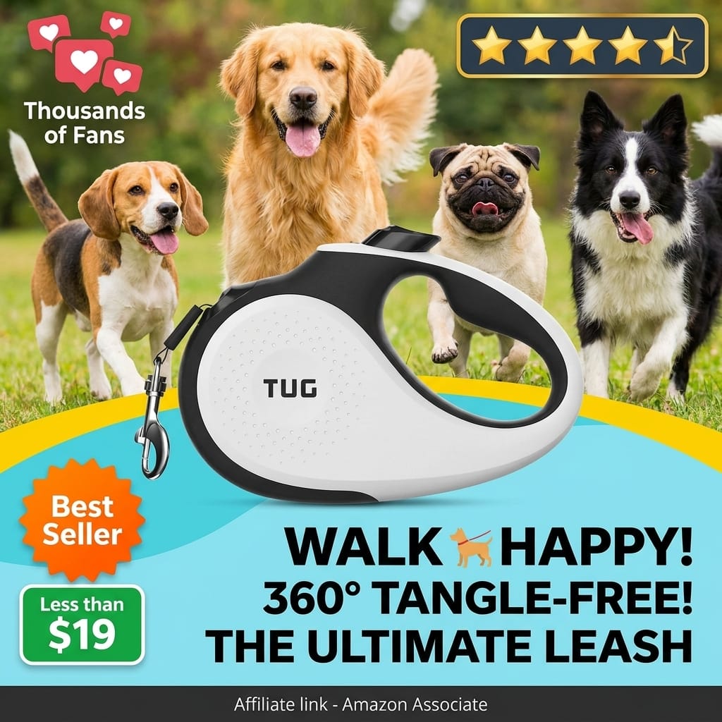 TUG 360° Tangle-Free Retractable Dog Leash | 16 ft Strong Nylon Tape | One-Handed Brake, Pause, Lock (Medium, White)