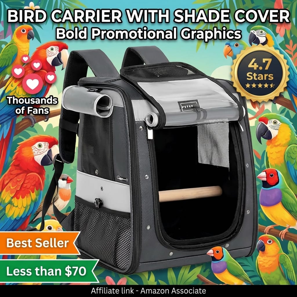 Bird Carrier with Shade Cover,Adjustable Height Standing Perch,2 Feeder Bowls and Great Ventilation, Fit for Medium Sized Birds (Grey)