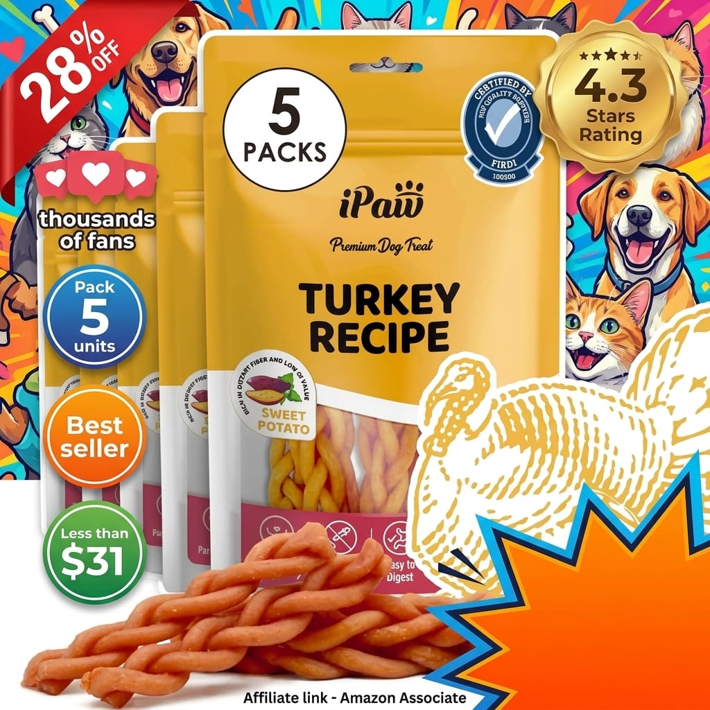 iPaw 5 Stock-Up Combo Turkey Dog Treats, SQF Certified Human Grade Dog Treat, Suitable for Training Chew, Hypoallergenic, Rawhide Alternative, Braided Stick (Sweet Potato), 5 Packs