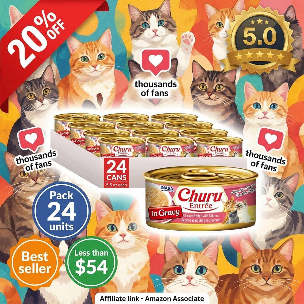 INABA Churu Entrée in Gravy for Cats, High Moisture, Prebiotic Wet Cat Food, 5.5oz Cans, 24 Cans Total Chicken Recipe with Salmon