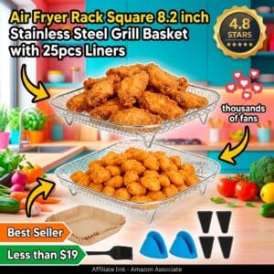 Air Fryer Rack Square with 25 Liners, Stainless Steel 6-8 QT