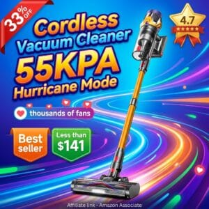 Cordless Vacuum 55KPA with Hurricane Mode and 70-Min Battery