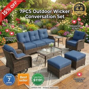 7-Piece Outdoor Wicker Conversation Set with Thick Cushions