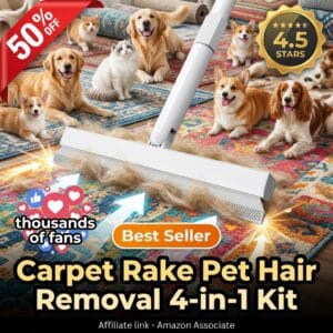 Carpet Rake for Pet Hair Removal – 4-in-1 Kit with Rubber Broom