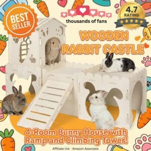 Wooden Rabbit Castle – 4-Room Bunny House with Ramp
